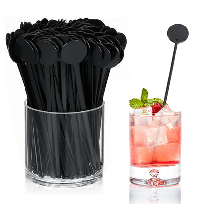 200 Pcs Cocktail Stirrers, 7.3 Inches Black Drink Stirrers Disposable Swizzle Sticks for Drinks Plastic Disc Top Mixing Rod for Coffee Milk Whiskey Beverage Bar