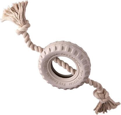 Pet Passion Natural Rubber Tire and Organic Cotton Rope Pull and Chew Dog Toy for All Pet Breeds, Almond Milk, Large