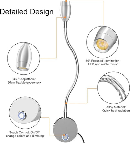 Wall Mounted LED Reading Light with 360° Flexible Gooseneck, Dimmable Bedside Reading Lights for Books In Bed, Plug In Headboard Night Lights, Eye-Caring, 3 Colors Temperature, Touch Control-2 Pack