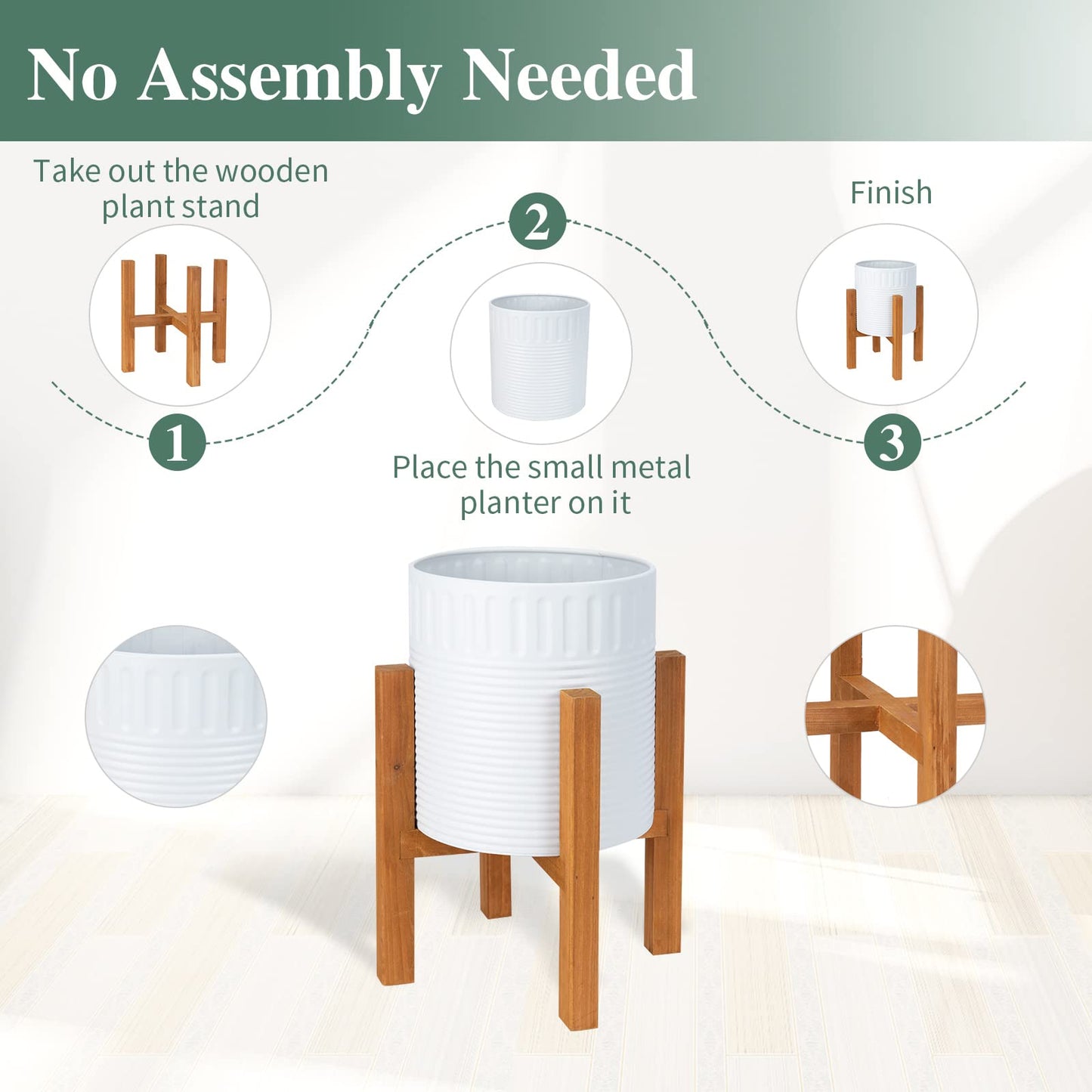 Chonsun 2-Piece White Metal Planter Set with Wood Stand, Indoor Mid Century Modern Planters with Drainage, 8" & 10"