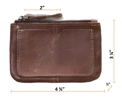 Genuine Leather Coin Purse Pouch for Women Men Vintage Cowhide Grain Leather Slim Mini Wallet Metal Zipper with Real Leather handle (Dark Brown)