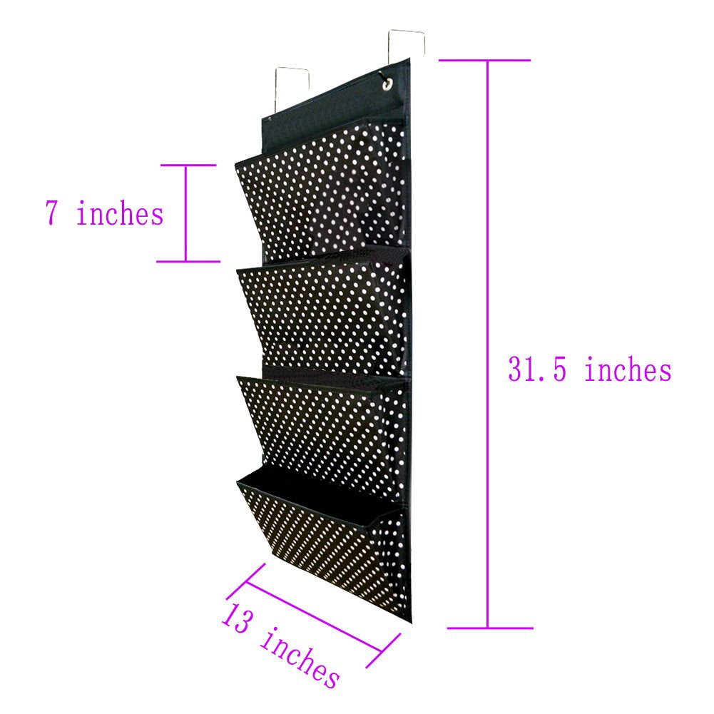 AUVCAS Hanging Wall File Organizer for Office - Over Door Wall Hanging Folder Holder & Classroom Pocket Document Organizer, Paper Mail Storage Rack with 4 Large Pockets,Black