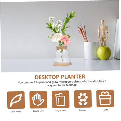 ETHZZLE Hydroponic Glass Vase with Wooden Stand Transparent Plant Propagation Station for Office Multifunctional Simple Flower Pot Desktop Greenery Terrarium Home Decoration and
