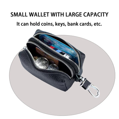 DTSFHTDAL Leather Car Key Wallet Case, Multi Functional First Layer Cowhide Key Bag Double Zipper Keychain Wallet Double Zip Key Bag for Keys (Black)