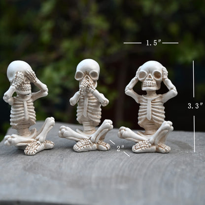 OwMell Set of 3 Skeletons Statue, Yoga Skull Figurine, Hear See Speak No Evil Statue Figurine, Halloween Gothic Home Decor - No Evil