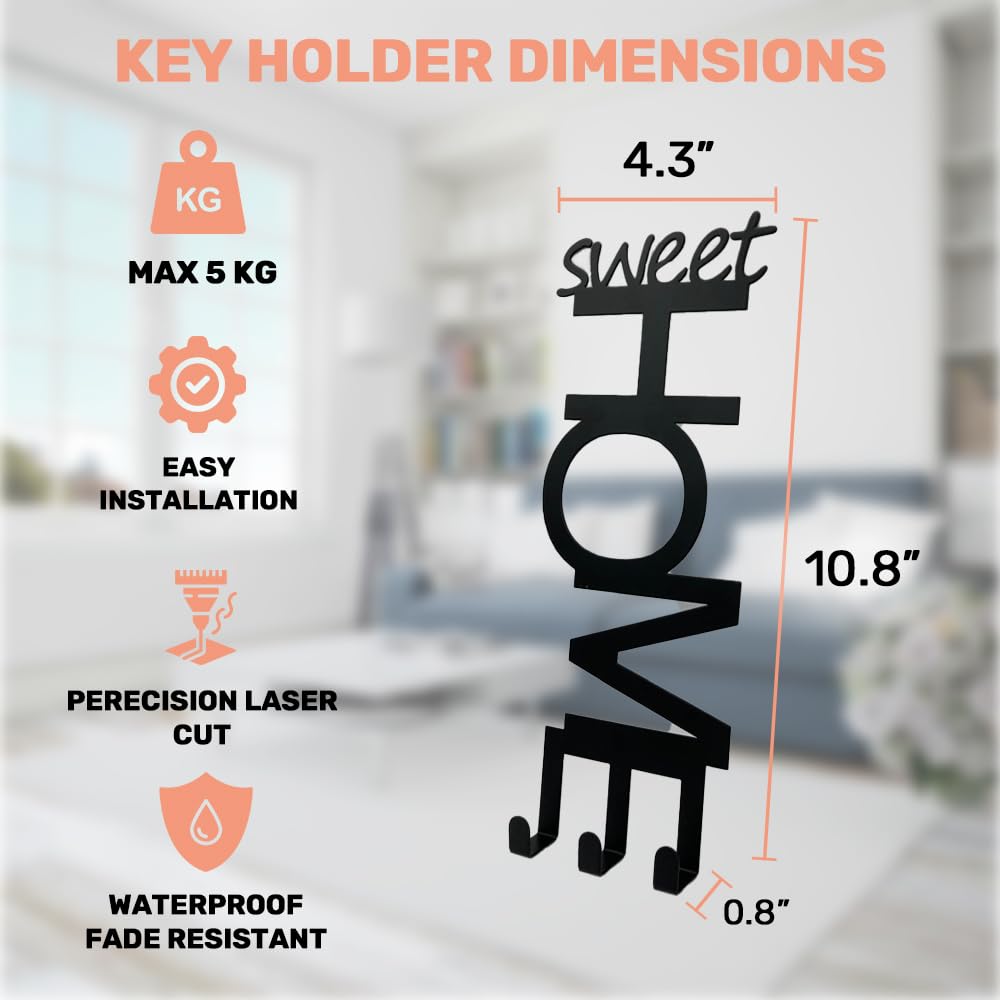 Sweet Home Wall Key Holder with 3 Hooks, Black Metal Decorative Key Hanger, 2 Installation Options
