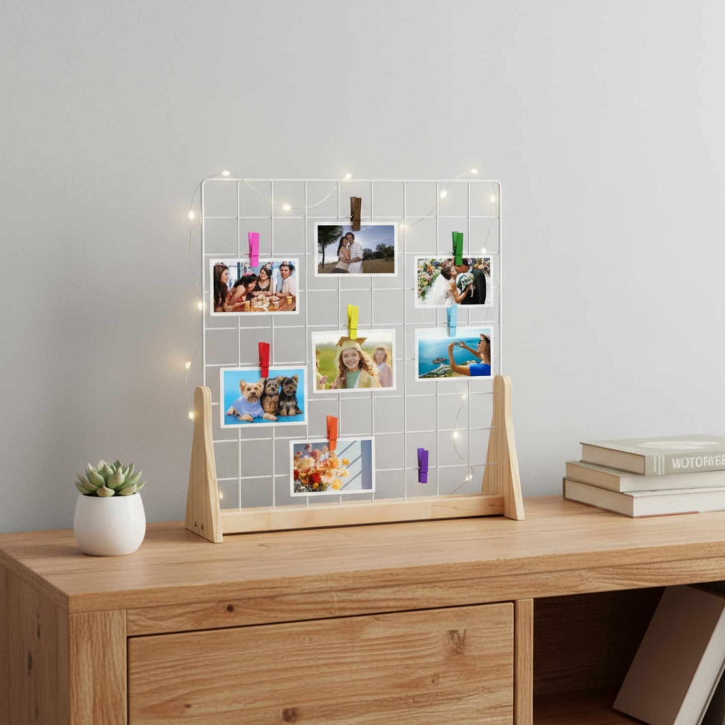 2 Sets Wedding Wall Grid Decorative Panel for Photo Display 19.3x18.5 Inch, Photo Display Panel, Wire Wall Grid, Desk Picture Manager, with 70 Wooden Clips for Shows Crafts Artistic Drawings Photos