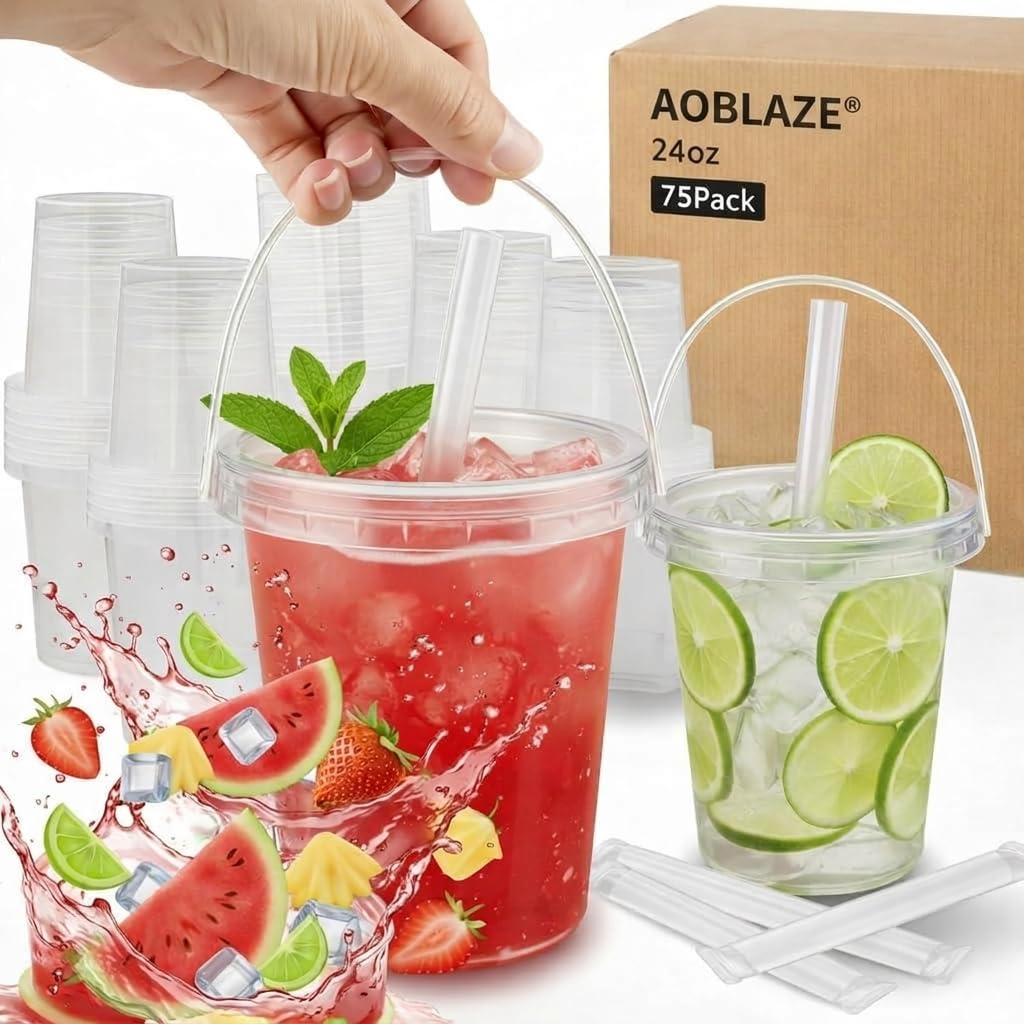 75 Pack Reusable Plastic Drink Buckets with Lids and Straws, 24 oz Clear Rum Buckets for Cocktails and Party Drinks, Portable Beverage Pails with Handles for Beach, Festivals and Bar Supplies