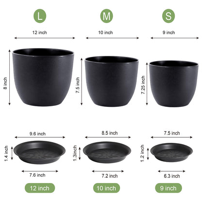 WSMKSZ 12/10/9 inch Big Flower Pots, 3 Pack Modern Decorative Plastic Planters with Drainage Holes and Tray, Plant Pots for Indoor Outdoor Plants, Black