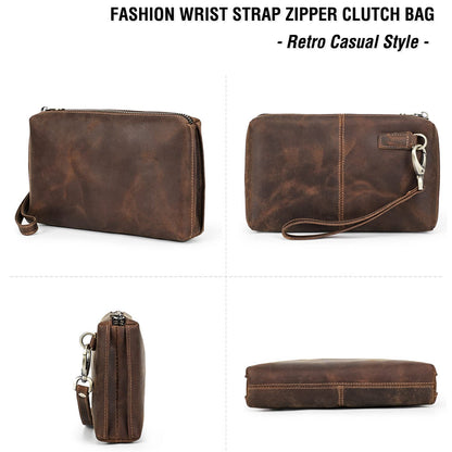 Top Grain Genuine Leather Clutch Wallet with Wristlet for Man & Woman, Handmade Simple Retro Vintage Design, Multi Pockets & Card Slots, RFID Large Capacity for Cards/ID/Checks/Banknote/Phone, Coffee