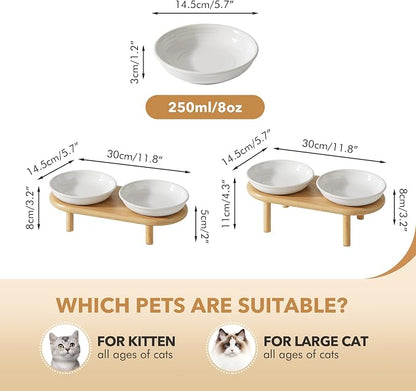 Havniva Elevated Cat Bowls Raised Ceramic Cat Bowl, 5.7” Wide Opening Cat Food Bowl Whisker Friendly Cat Dish Anti-Slip with Bamboo Stand, Shallow Pet Food & Water Bowl for Indoor Cats