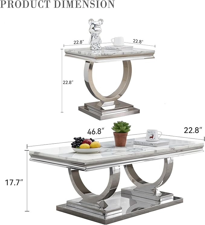 3 Piece Living Room Table Set Include 1 Faux Marble Coffee Table & 2 End Tables, Modern White Silver Coffee Table Set of 3 with Double O Shape Stainless Steel Pedestal Base