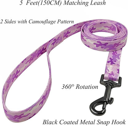 Dog Collar Leash Set, Camouflage Pattern, Polyester Material, Adjustable Collar and 5ft Matching Leash, for Puppy Dogs.(XS, Purple Camo)