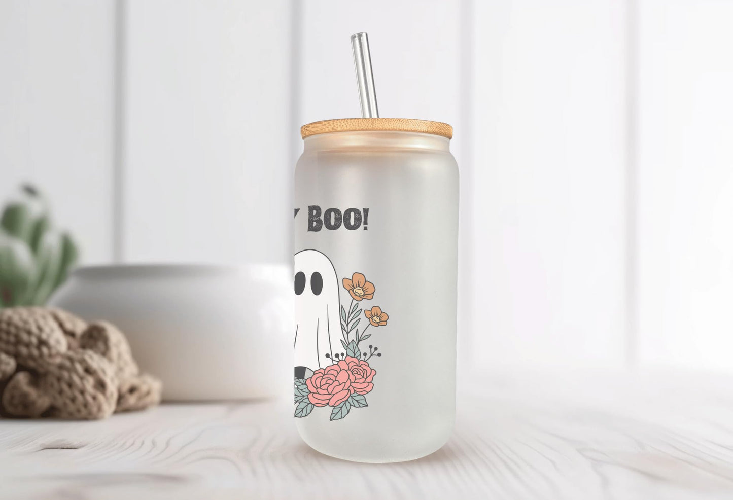 Floral Ghost “Hey Boo!” – 16 Oz Frosted Glass Can | Cute Halloween Iced Coffee Cup | Spooky Season Aesthetic Tumbler | Fall Gift for Her | Reusable Glass Cup with Straw