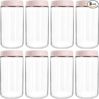 SHOWIN Overnight Oats Containers with Lids, 24oz Glass Jars with Lids 8 pcs, Pink, Wide Mouth Mason jars for Salad, Yogurt, Snacks, Meal Prep