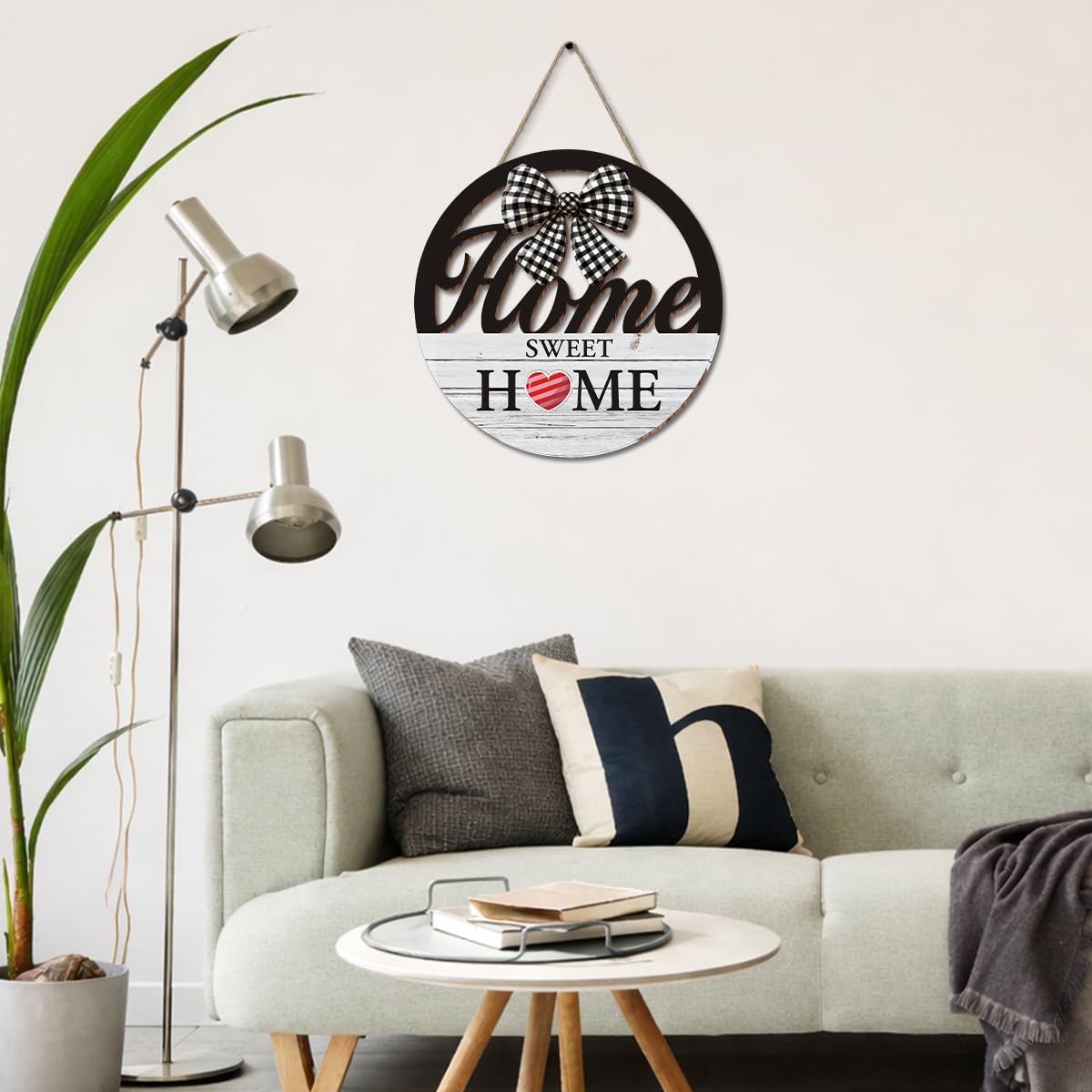 Interchangeable Seasonal Home Sweet Home Hanging Sign - Farmhouse Front Door Decoration for Spring All Seasons Holidays - Rustic Round Wood Wreaths with 12 Icons(White)