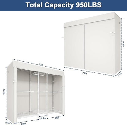 Ulif E12C Pro Heavy Duty Closet Organizer System，Freestanding Clothing Racks for Hanging Clothes，Adjustable Garment Rack 71"W x 16"D x 76.5"H Hold 960lbs，White Clothing Rack with White Dustproof Cover