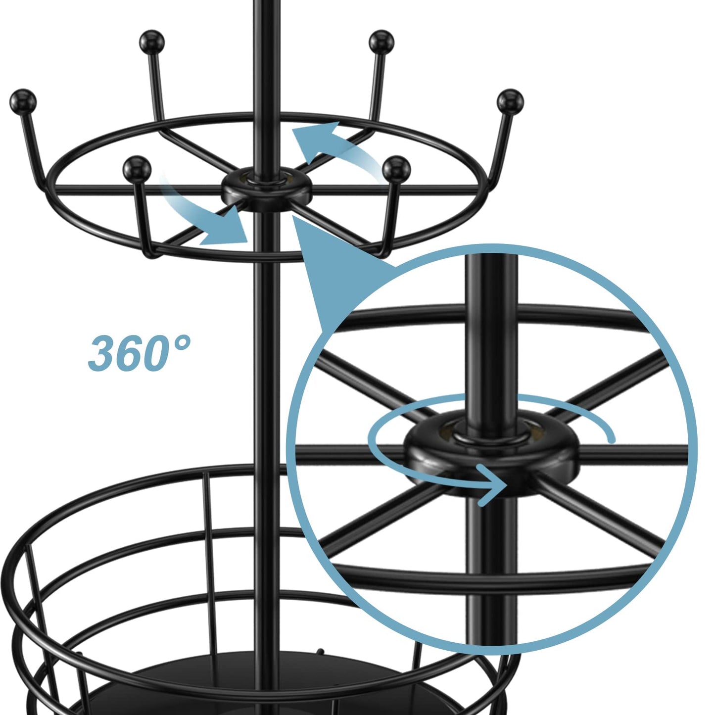 ASTLIHO 360° Rotating Coffee Mug Holder - Metal 3 Tier Mug Tree Rack Cup Holder for Countertop with 10 Hooks, Coffee Pods Holder for Bar Organizer Kitchen Counter - Black