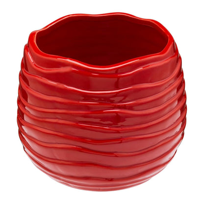 MyGift 5.5 Inch Modern Red Ceramic Plant Pot with Drainage Hole and Decorative Wavy Design, Small Succulent Planter Container