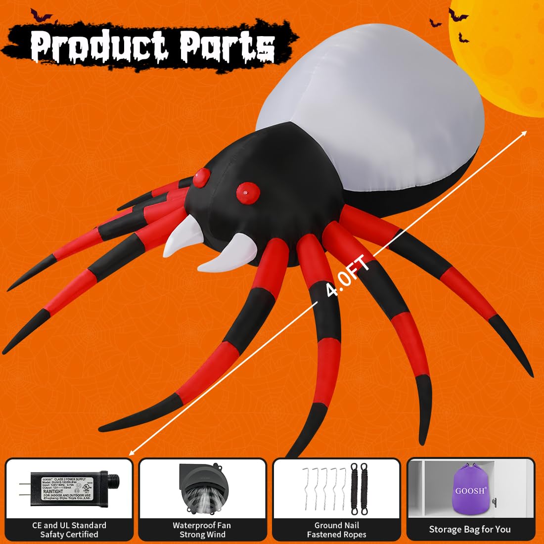 GOOSH 5 FT Halloween Inflatable Spider Outdoor Decoration with Magic Light Blow Up Yard Spider Inflatables Holiday Inflatables for Outdoor Yard Garden Lawn Decor