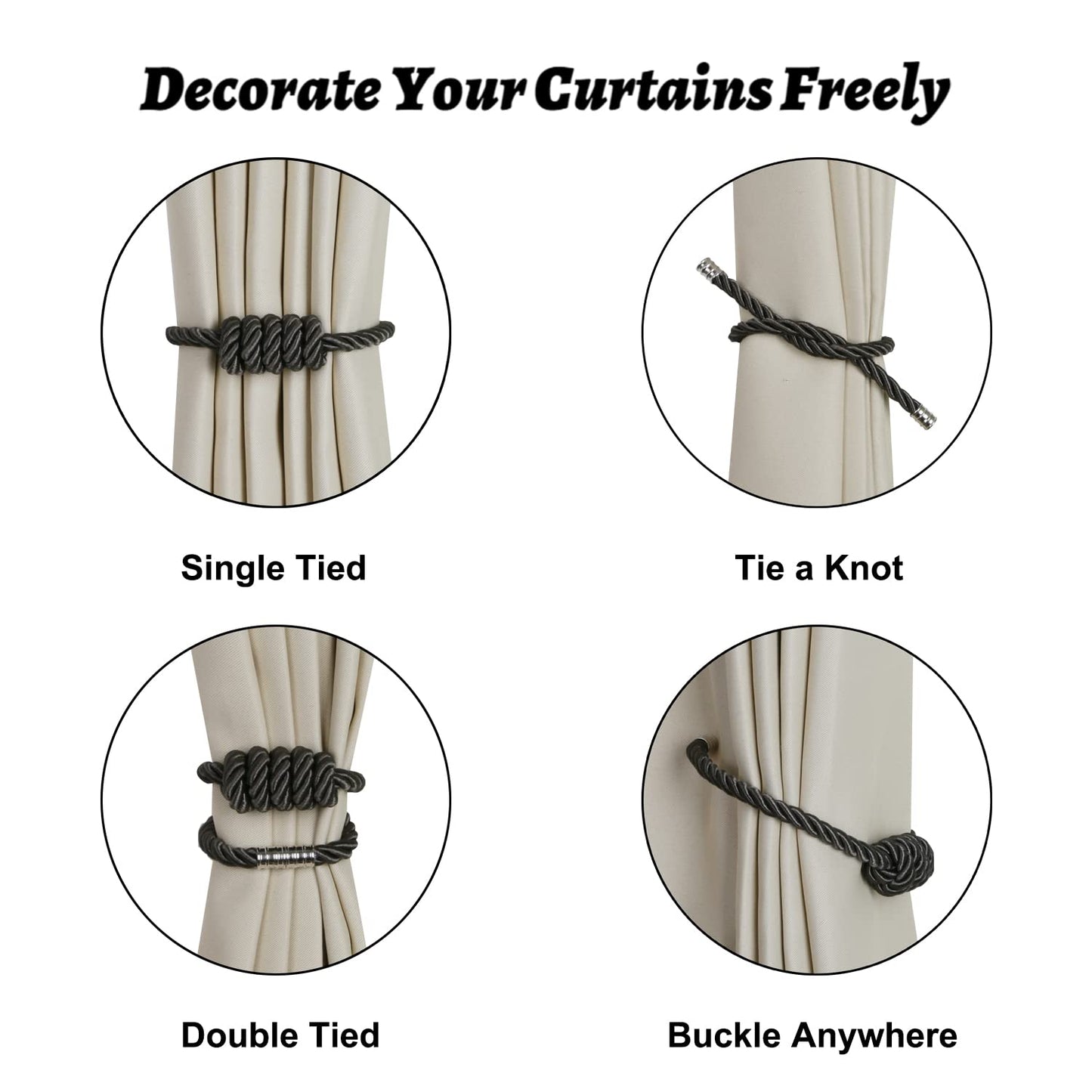 BEL AVENIR Magnetic Curtain Tiebacks, Decorative Drapery Holdbacks Modern Woven Tie-Backs with Exquisite Knot (Charcoal, 4 Pack)