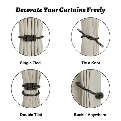 BEL AVENIR Magnetic Curtain Tiebacks, Decorative Drapery Holdbacks Modern Woven Tie-Backs with Exquisite Knot (Charcoal, 4 Pack)
