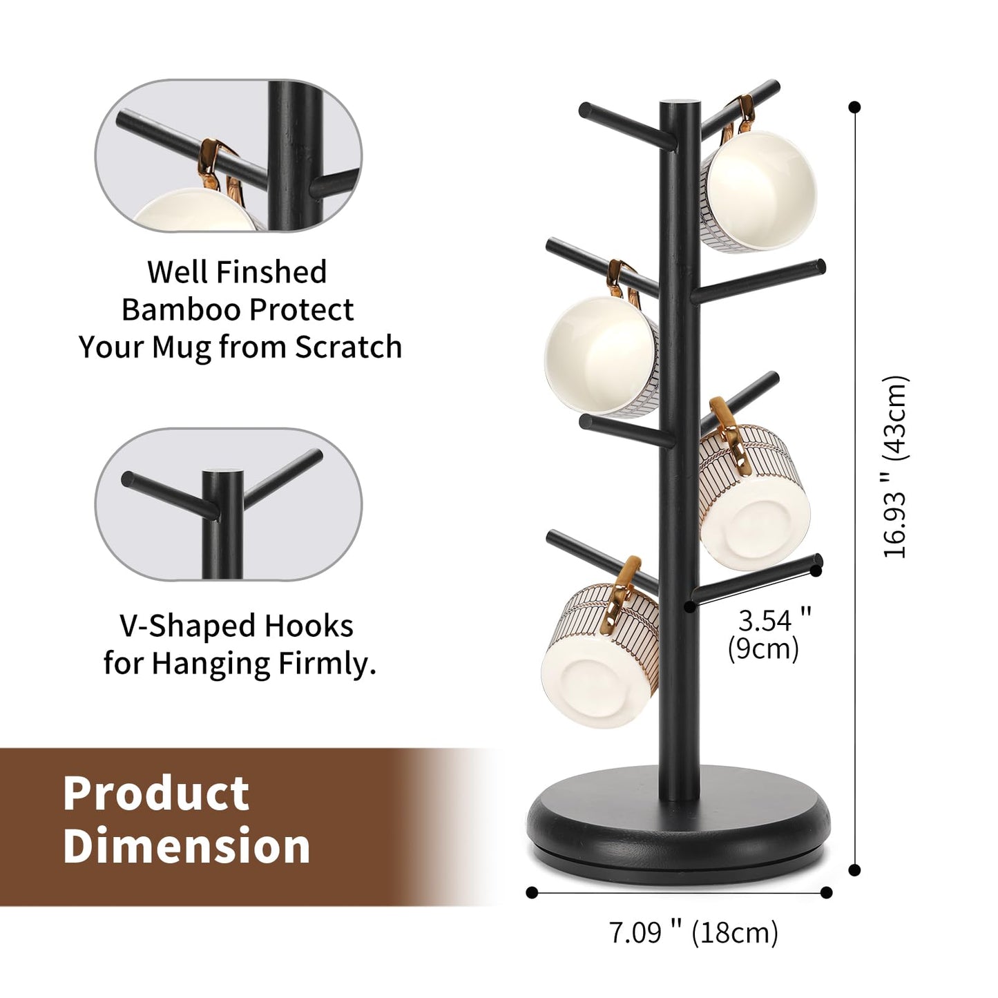BAMBANG Mug Holder, 360° Rotating Mug Tree Holds 8 Coffee Cups, Space Saving Mug Rack with Stable Base for Kitchen Coffee Bar