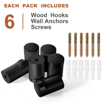 BSDONTE Wood Wall Hooks (6 Pack), Decorative Black Coat Hooks - Heavy Duty, Wall Mounted Hangers for Coats, Backpack, Towel, Cap (Black)