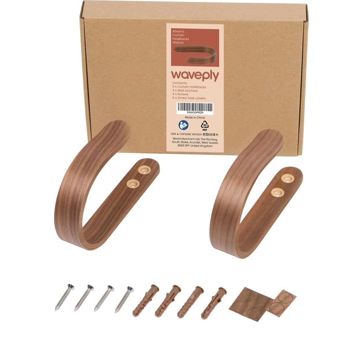 2 x Waveply Wood Curtain Holdbacks Plywood Drapery U Shaped Hook Tiebacks for Wall (Walnut)
