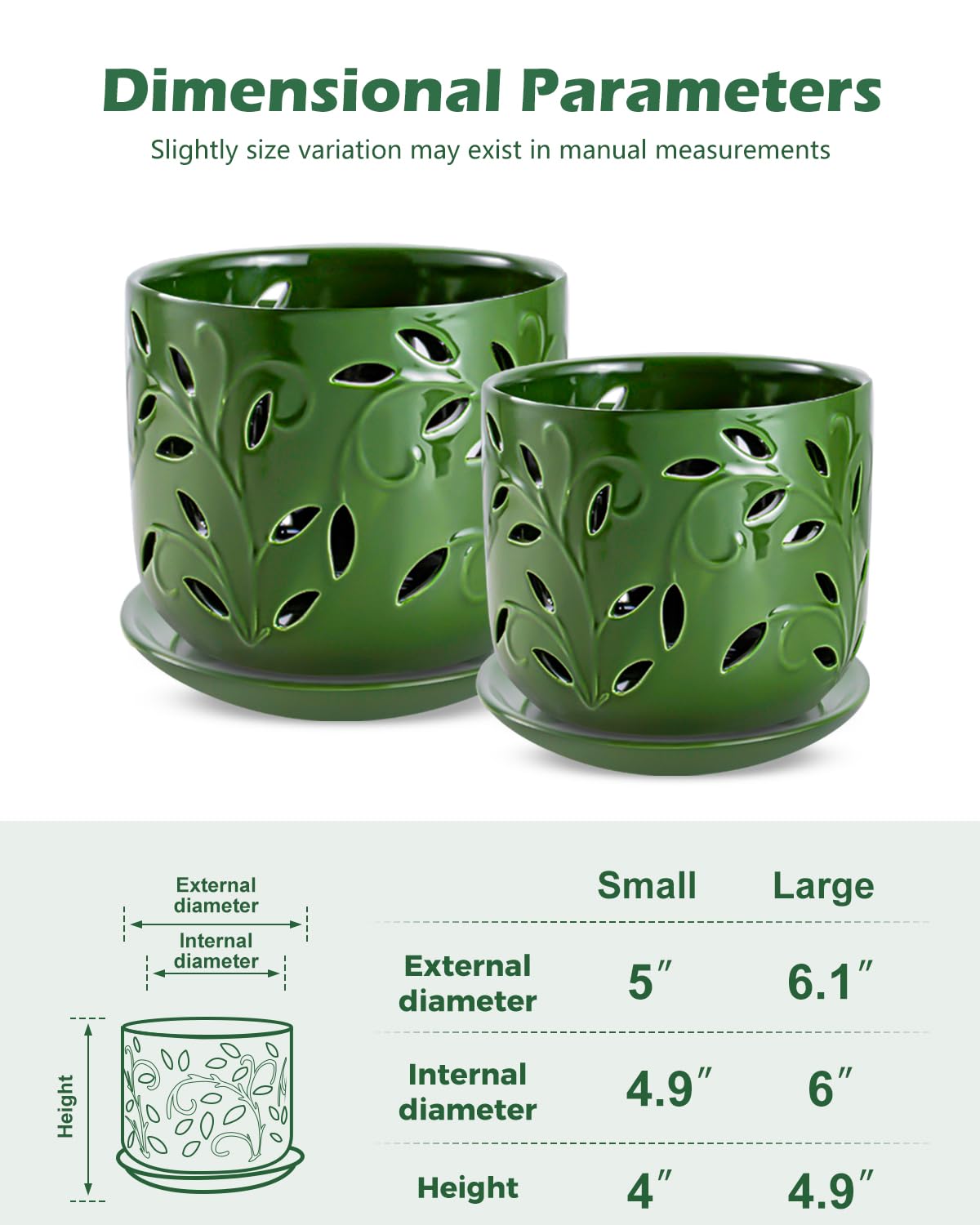 EFISPSS Orchid Pot with Holes, 5+6Inch Ceramic Plant Pots with Drainage Holes and Tray, Promoting Air Circulation and Drainage, Indoor/Outdoor Flower Pots-Green