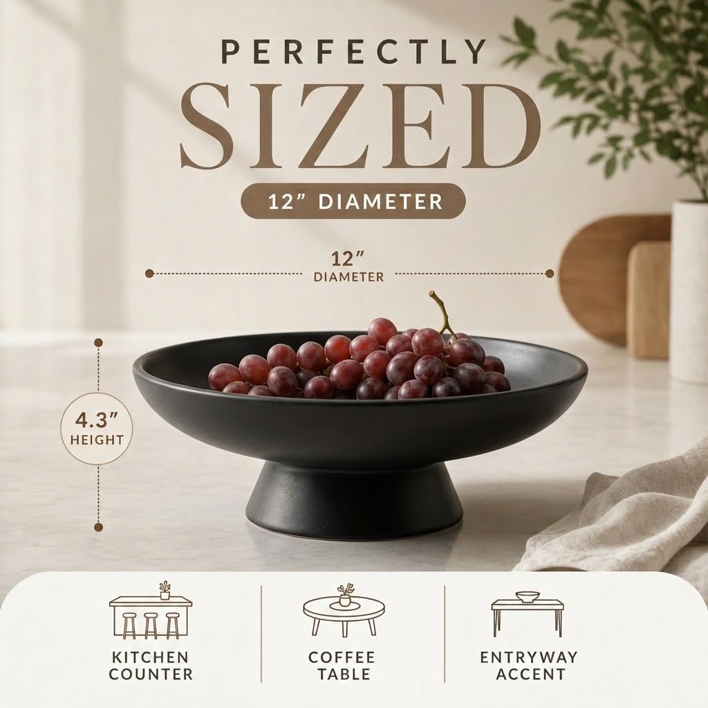 12" Concrete Fruit bowl for Kitchen Counter, Coffee Table Decor, Decorative Key Bowl, Home Décor Accents, Kitchen Counter Decor Black
