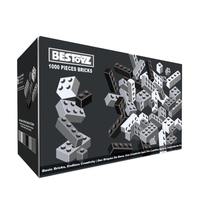 Building Bricks 1000 Pieces in Black, Dark Grey, Light Grey & White, Classic General Building Blocks Toys for Boys & Girls, Bulk Basic Brick Tiles for Adult's Building Projects