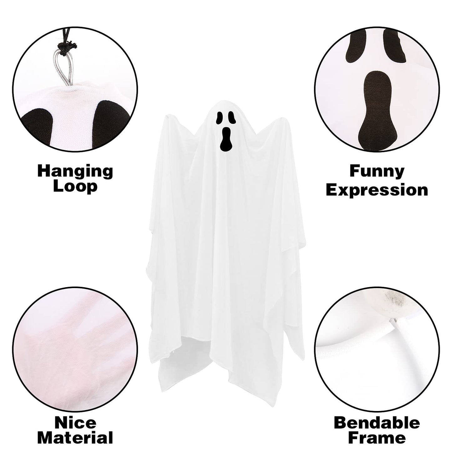 CCINEE 4 Pack Halloween Hanging Ghosts Decorations, 27.5“ and 35.5” Flying Outdoor Ghosts Assorted for Halloween Front Yard Patio Lawn Garden Party Supply