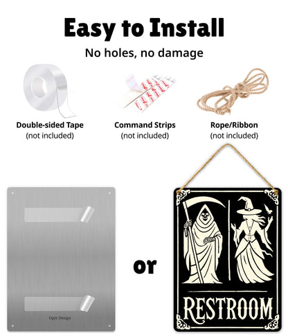 Halloween Bathroom Decor Sign – Grim Reaper & Witch Wall Art, Spooky Restroom Decor, Funny Gothic Metal Plaque 11x8.3 in, Occult, Witchy, Horror Home or Goth Bathroom Decor by Opix Design