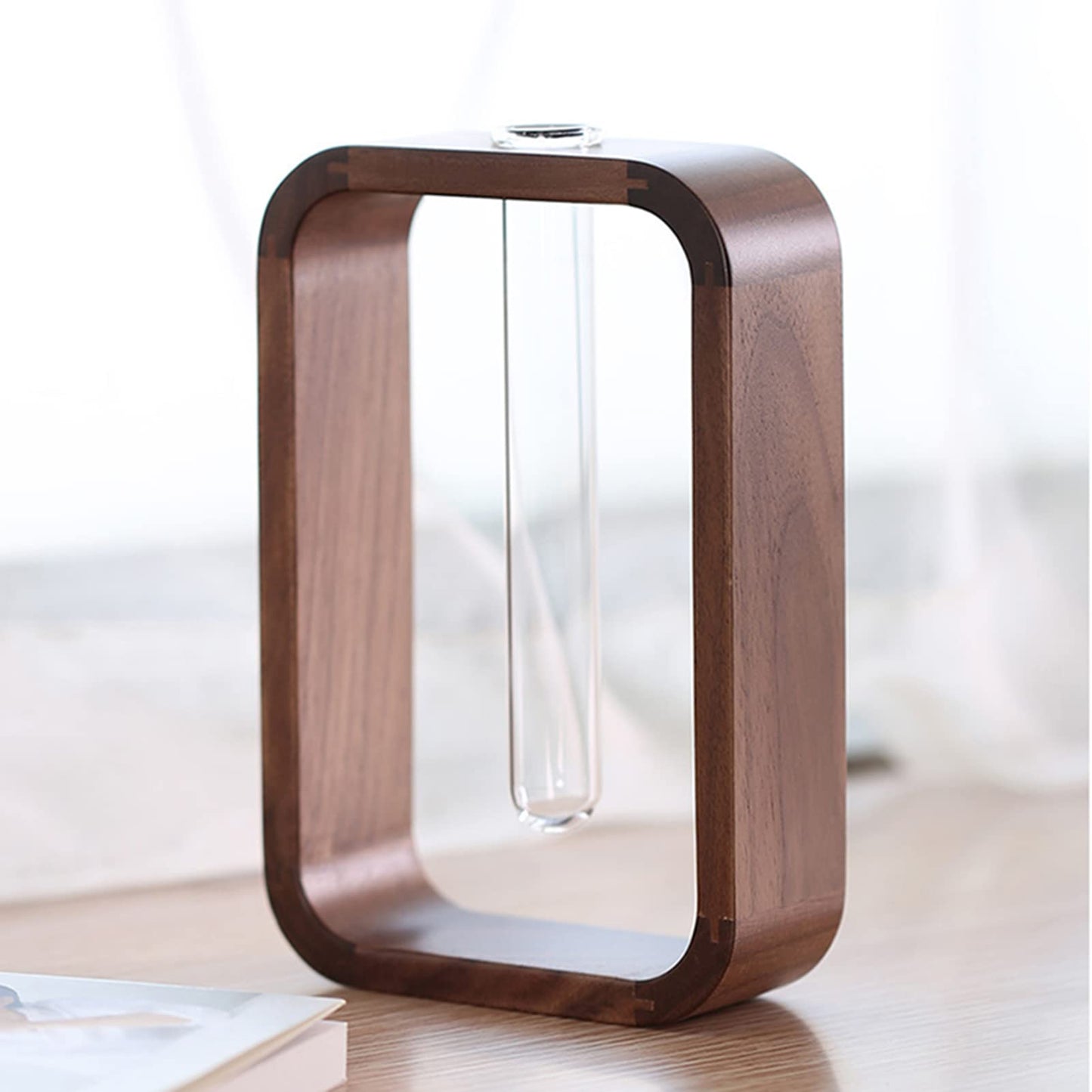 TREELF Transprent Glass Vase Test Tube Vase Hydrophilic Plants Vase Plant Holder Walnut Wooden Frame Flower Stand Table Garden Bonsai Decor,Gifts for Women, Home Office Decor Planter (Small)