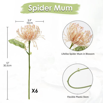 Briful 6PCS Chrysanthemum Artificial Flowers 4'' Fake Spider Mums Spring Flowers Large Faux Pincushion Flowers for Home Vase Table Centerpiece Wedding Bouquet (Pink)