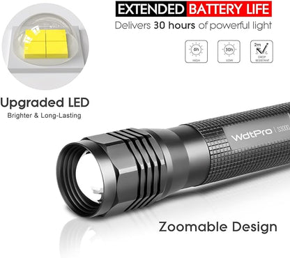 WdtPro High-Powered LED Flashlight S3000, Super Bright Flashlights - High Lumen, IP67 Water Resistant, 3 Modes and Zoomable for Camping, Emergency, Hiking, Gift