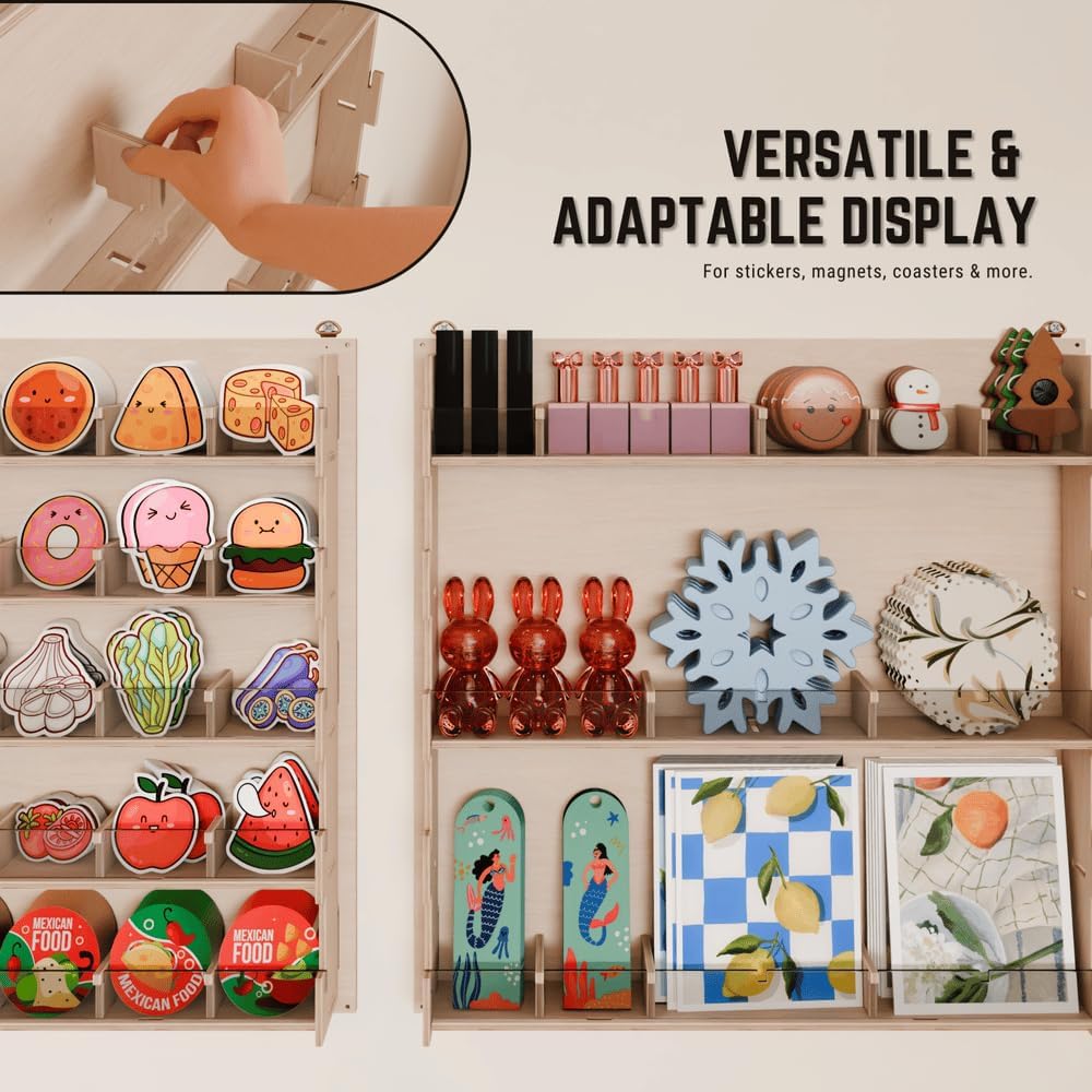 HOTCAN Sticker Display Stand for Vendors, Artists, and Shops | Clear Acrylic Sticker Organizer for Craft Fairs, Retail & Classroom Store | Durable Plywood Base and Easy DIY Wall Assembly (30 Pockets)