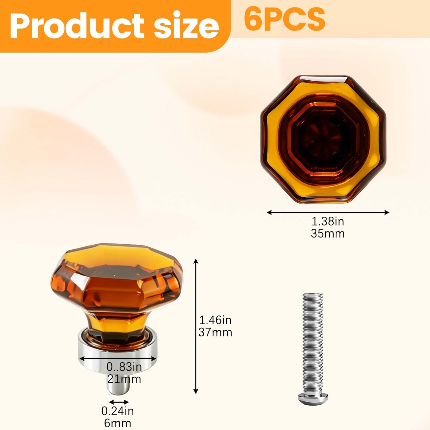 Risbay Cabinet Knobs, Single Hole Drawer Knobs Crystal Mushroom-Shape 1.38" Amber Cabinet Hardware Knob for Drawers,Cabinets, 6PCS