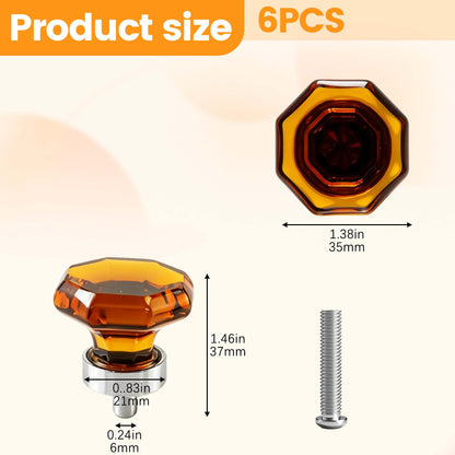 Risbay Cabinet Knobs, Single Hole Drawer Knobs Crystal Mushroom-Shape 1.38" Amber Cabinet Hardware Knob for Drawers,Cabinets, 6PCS