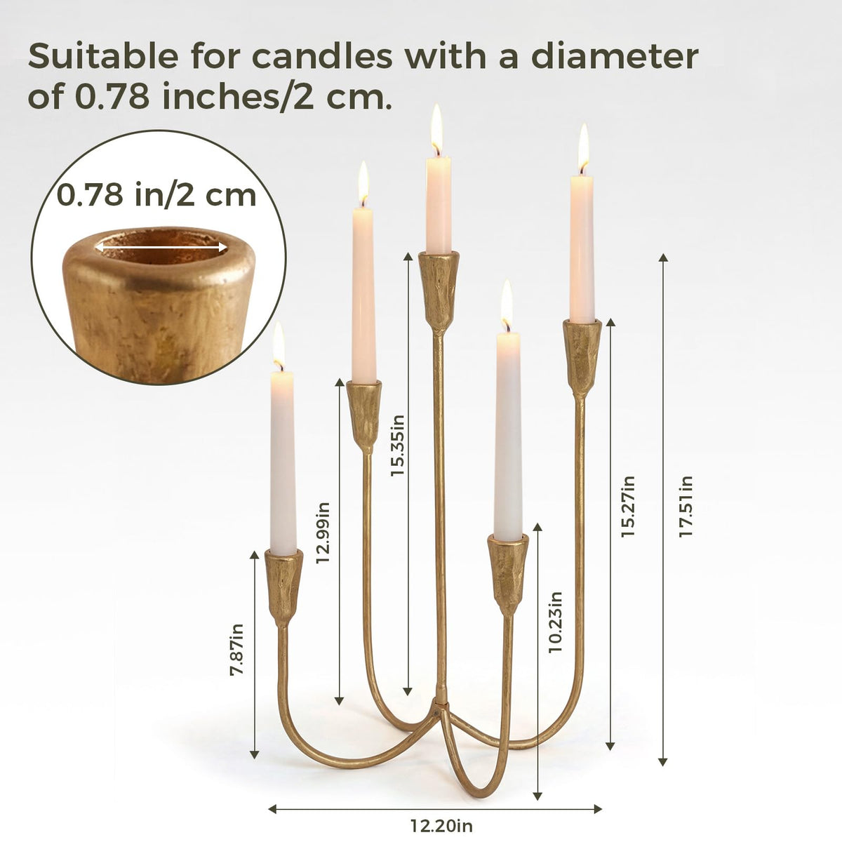 5-Arm Gold Candelabra Candle Holder Detachable Metal Taper Candleholders 17.5” Tall Cast Iron Candlestick Holders for Wedding Centerpiece Dining Table Party Home Decor Events