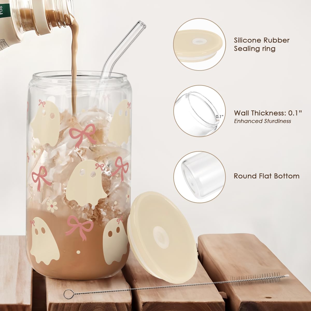 SANDJEST Halloween 16oz Can Glass Tumbler with Acrylic Lid & Straw, Iced Coffee Cup for Women Girls, Aesthetic Cups Gifts for Party