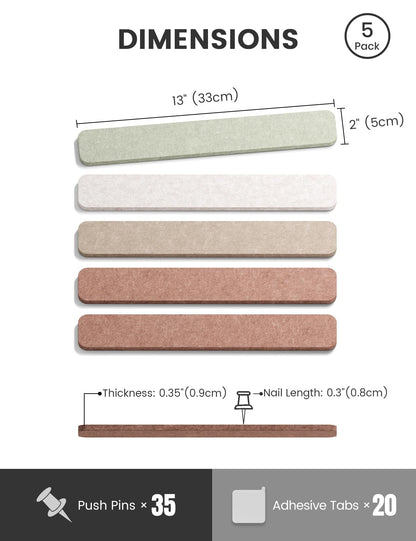 Fluxynara Cork Board Alternative Felt Strip Board 5-Pack 13"x2", Office Pin Board with 35 Push Pins, Adhesive Install for Bedroom Door & Home Office (Boho)
