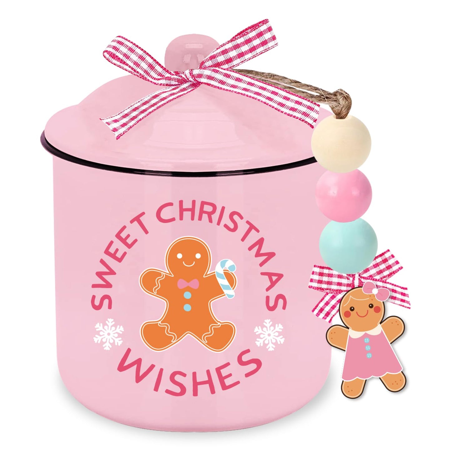 JarThenaAMCS Christmas Mini Ceramic Canister Mini Jar Pink Brown Gingerbread Man Candy Bowl with Lid Buffalo Plaid Bow Wooden Beads for Xmas Winter Home Table Centerpiece Decor Storage Accessory
