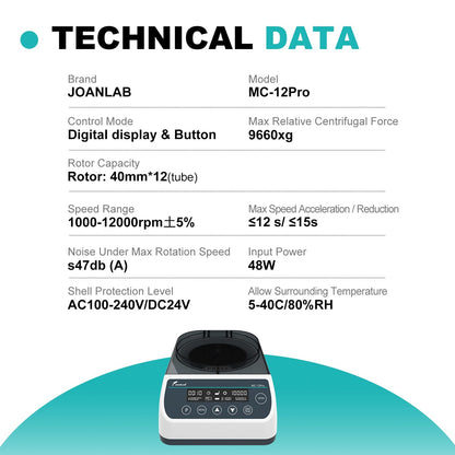 Digital 12000rpm High Speed Centrifuge Machine 12x40mm Glass Tube Microcentrifuges w/Over Temperature Protection