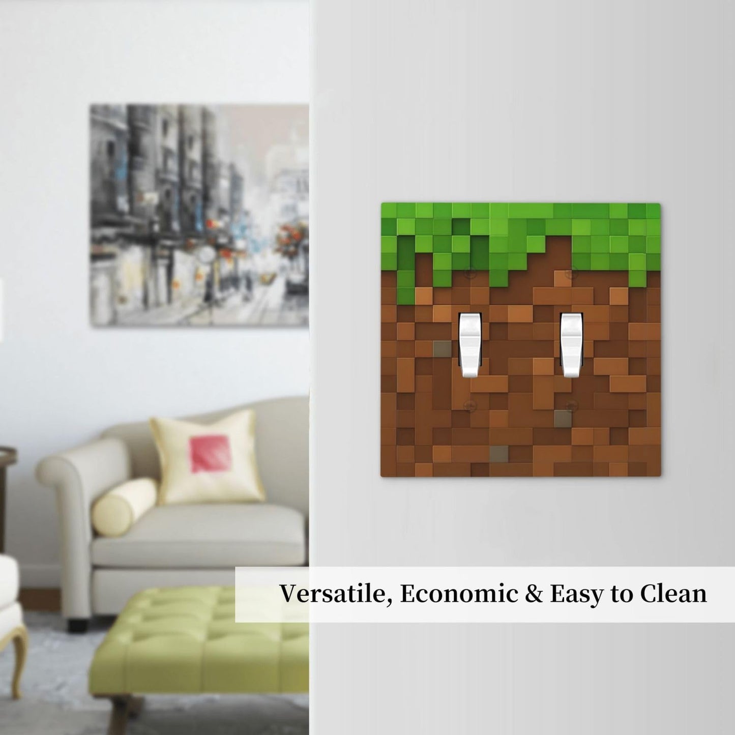 Pixel Style Gamer Themed Grass Block Decorative Switch Plates 2 Gang Double Toggle Outlet Light Switch Cover Wall Plate Electrical Faceplate for Kids Room Office Home Decor