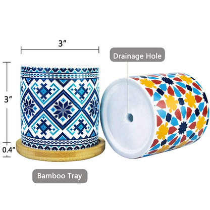 Ascrafter 6 Pack Mandala Succulent Plant Pot with Bamboo Trays, Ceramic Multicolored Succulent Container Planter Pot for Small Plant