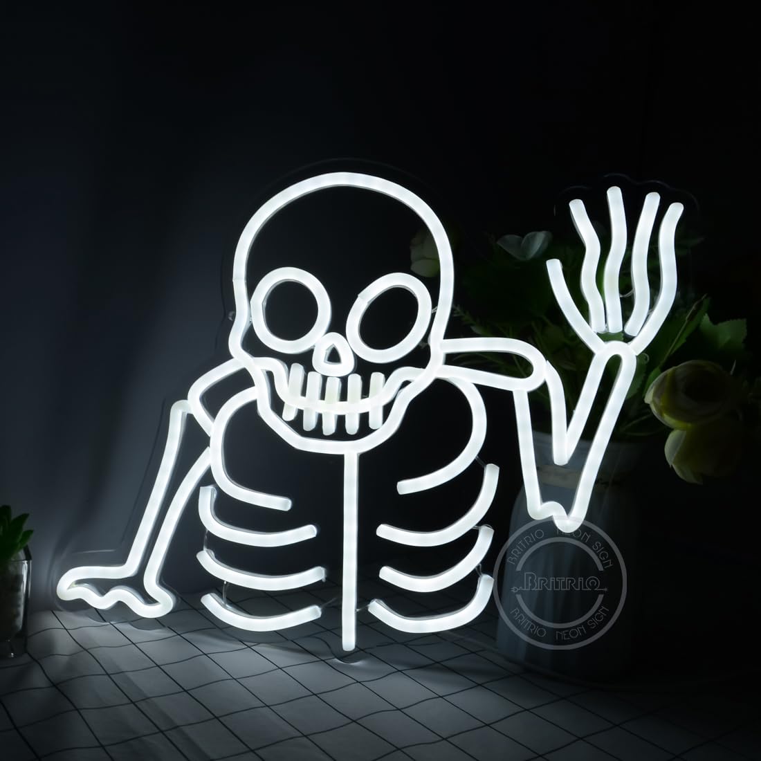 Britrio Skull Neon Sign Halloween Decoration LED Skeleton Ghost Wall Art Decor Light for Window Entryway Front Porch Door Bedroom Bar Christmas Birthday Party Supply Kids Gift White 5V USB Powered