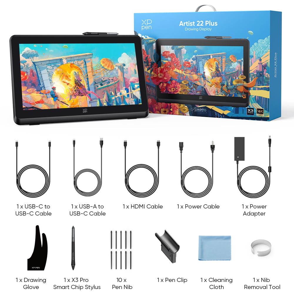 XPPen Artist 22 Plus 130% sRGB Drawing Tablet with Screen, 16.7 Million Colors Art Tablet with 16384 Pressure Stylus, Full Laminated, Anti-Glare Display Computer Graphic Tablet (22 inch)
