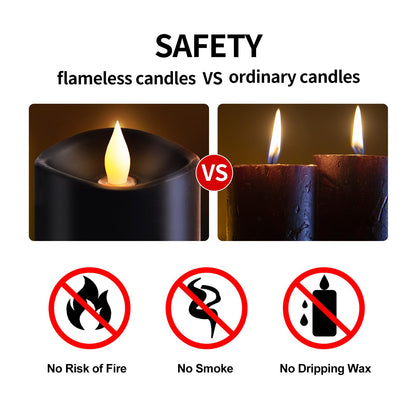 3x4 Flickering Flameless Candles Set of 3, 2AA Battery Life 600 Hours Battery Candles Flickering with Timer,4 inch Flameless Candles with Remote for Home Wedding Party Halloween Decoration, Black
